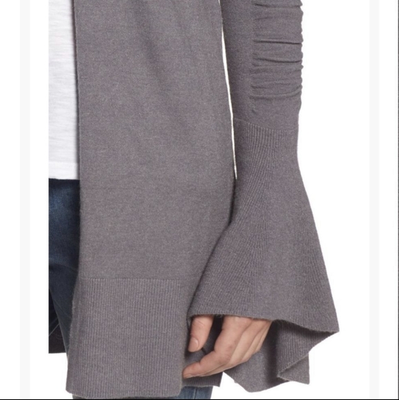 HINGE bell sleeve open front longline gray cardigan sweater - Picture 5 of 11